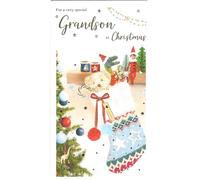 ICG Special Grandson Christmas Card, Traditional Holiday Design with Toys, Stars, Stocking, 12 x 22 cm