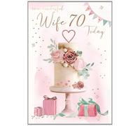 ICG Wife 70th Birthday Card - Age 70 - Special Finishes - Floral Birthday Cake and Gifts - Illustrated Insert Leaf - Made in the UK - Eco-Friendly