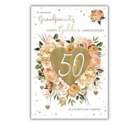 ICG Wonderful Grandparents 50th Wedding Anniversary Card - Elegant Floral Design with Gold Heart - Celebrating a Special Golden Wedding