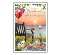 ICG 'Wonderful Husband' Anniversary Card - Champagne Toast with Sunset View of Sail Boat in the Sea with Gold Foil & Flitter - Made in England