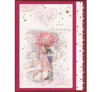 ICG Wonderful Wife Large Luxury Handfinished Boxed Anniversary Card - Couple Embracing with Rose Bouquet - Foil and Embellished Finish