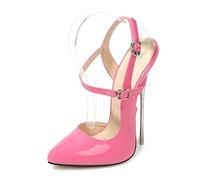 Ichlovdu Women's Sandals Sexy High Heel 16 cm Pointed Toe Stiletto Metal Heels Buckle Bondage Pumps Slingbacks Ankle Strap Erotic Romantic, pink, 2/2.5 UK