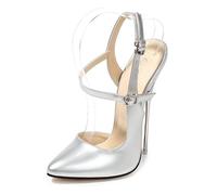 Ichlovdu Women's Sandals Sexy High Heel 16 cm Pointed Toe Stiletto Metal Heels Buckle Bondage Pumps Slingbacks Ankle Strap Erotic Romantic, silver, 2/2.5 UK