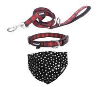iChoue Original Print French Bulldog Collar with Leash Bandana Set Adjustable for Frenchie Pug English Boston Terrier Dogs, Red Grid, Medium