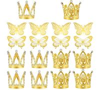 ICHOWHO 18 PCS Gold Crown Cake Topper - Tiny Crown and Butterfly for Cupcake Topper Mini Baby Crowns for Women Lady Girl Wedding Baby Shower Birthday Party (Gold)
