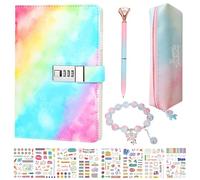 ICHOWHO Secret Diary Kit for Girls - A5 Lockable Notebook with Pencil Pouch Pen Bracelet Stickers, Rainbow Leather Cover Diary With Lock for School Office, 180 Pages