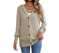 iChunhua Button Down Hooded Knitted Cardigan Long Sleeve Solid Color Thin Ladies Hooded Jacket for Autumn and Winter Khaki M