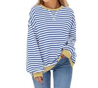 iChunhua Casual Ladies Striped Sweatshirt Oversized Long Sleeve Tops Autumn Winter Thin Jumper Long Lightweight Blue White 2XL