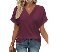 iChunhua Loose Women's Solid Color V-Neck T-Shirt Lightweight Rolled Sleeve T Shirt Petite Tops Wine XL