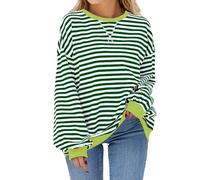 iChunhua Oversized Jumpers for Women Uk Crew Neck Striped Pullover Bright Tops Trendy Neon Sweatshirt Green White S
