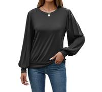 iChunhua Puff Long Sleeve Tops for Women Pull On CrewneckCasual Thin Solid Color ladies long sleeve tee shirts size 16 Black 2XL