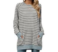 iChunhua Soft Striped Sweatshirt Women Stretch Relaxed Fit Long Shirts for Ladies Tunic Tops for Leggings Grey Black S