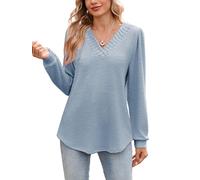 iChunhua V Neck Long Sleeve Tshirt Women Casual Cosy Solid Color Tunic Tops for Older Ladies Blue M
