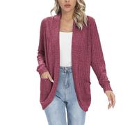 iChunhua Women's Lightweight Buttonless Open Front Cardigan, Ladies Ribbed Cardigans with Pockets Burgundy Medium