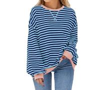 iChunhua Y2k Color Contrast Long Sleeve Tops Women Loose Fit Striped Jumper Fashion Soft Ladies Sweatshirts Size 10 Navy S