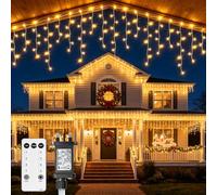 Icicle Outdoor Christmas Lights, 5M 200LED Waterproof Hanging Fairy Lights Warm White String Light, 8 Modes, IP44 Waterproof, Power Operated, Light Curtain for Christmas, Roof Edge, Gutter, Patio