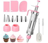 Icing Piping Kit Dessert Cake Decorating Set,Stainless Steel Icing Piping Nozzle Cake Decorating Tools,14 Pcs DIY Frosting Baking Tools with 6 Icing Nozzles & 3 Cream Scrapers(Pink)