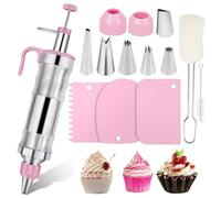 Icing Piping Kit Nozzles Set, Stainless Steel Reusable Icing Piping Syringe with 6 Nozzles and 3 Scrapers for DIY Baking Cupcake Dessert Cake Decorating Tools Accessories (Pink)