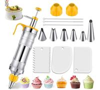 Icing Piping Sets for Cake, Stainless Steel Icing Tips for Dessert Cake Decorating, Piping Icing Syringe Set for Cupcake, DIY Cake Baking Tools with 6 Pcs Syringe Nozzles and Cream Scraper, Yellow