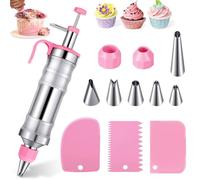 Icing Piping Sets for Cake, Stainless Steel Icing Tips for Dessert Cake Decorating, Piping Icing Syringe Set for Cupcake, DIY Cake Baking Tools with Cream Scraper and 6 Pcs Syringe Nozzles, Pink