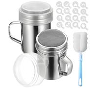 Icing Sugar Shaker, 4 Pcs Stainless Steel Chocolate Dusting Powder with Fine Mesh Sieve for Coffee Station Accessories, Flour Shaker with Coffee Stencils & Brush for Cocoa Flour Latte