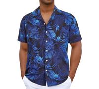 iCKER Hawaiian Shirt - Mens Short Sleeve Floral Classic Print Casual Regular Fit, Blue, XXXL