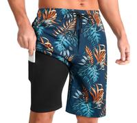 iCKER Men's Swimming Shorts with Compression Liner 2 in 1 Swimming Trunks Quick Dry 9 inch Inseam Board Shorts with Zipper Pockets,Blue STK600,L