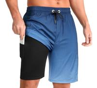 iCKER Men's Swimming Shorts with Compression Liner 2 in 1 Swimming Trunks Quick Dry 9 inch Inseam Board Shorts with Zipper Pockets,Blue STK351,M