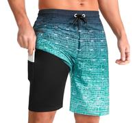 iCKER Men's Swimming Shorts with Compression Liner 2 in 1 Swimming Trunks Quick Dry 9 inch Inseam Board Shorts with Zipper Pockets,Green STK337,XL