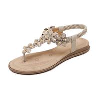 iCKER Women's Flat Sandals Ladies Thong Flat Sandals Bohemian Beaded Strap Sandals Diamante Rhinestone Leather Sandals,Apricot,8UK