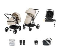Ickle Bubba Atom 3 in 1 Travel System with Nimbus I-Size Car Seat (Stone) | Compact & Lightweight Pram, Nimbus 180 spin rotating base, R129 rear facing car seat, birth-22kg, 9kg fold with seat on
