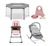 Ickle Bubba Play, Feed & Soothe Baby Bundle - Includes Fiesta Pop-Up Playpen, Flip Magic Fold Highchair, Stella Rocker & 6-Piece Silicone Feeding Set - Lightweight, Compact, Easy Clean (Pink)