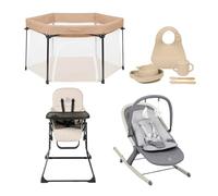 Ickle Bubba Play, Feed & Soothe Baby Bundle - Includes Fiesta Pop-Up Playpen, Flip Magic Fold Highchair, Stella Rocker & 6-Piece Silicone Feeding Set - Lightweight, Compact, Easy Clean (Beige)
