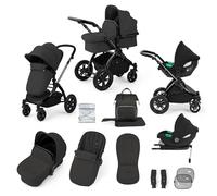 Ickle Bubba Stomp Luxe 12-Piece Travel System with i-Size Cirrus Car Seat & ISOFIX Base - All-Terrain Pram, Reversible Seat, UPF 50+ Hood, Rain Cover & Accessories (Black/Charcoal Grey/Black)