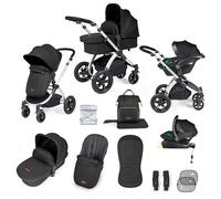 Ickle Bubba Stomp Luxe 12 Piece Travel System with i-Size Stratus Car Seat & ISOFIX Base - Newborn to 22kg*, All-Terrain Pram with Convertible Configurations & Accessories (Silver/Midnight/Black)