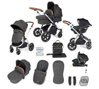 Ickle Bubba Stomp Luxe 12 Piece Travel System with i-Size Stratus Car Seat & ISOFIX Base - Newborn to 22kg*, All-Terrain Pram with Convertible Configurations & Accessories (Silver/Charcoal Grey/Tan)