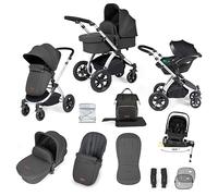 Ickle Bubba Stomp Luxe 12pc 3 in 1 Travel System with Nimbus i-Size Car Seat & ISOFIX Base, Baby Pram Pushchair with Carrycot, Birth to 22kg, Charcoal Grey/Black, Silver Chassis