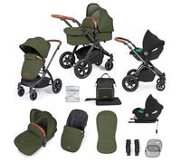 Ickle Bubba Stomp Luxe 12pc Travel System with i-Size Cirrus Car Seat & ISOFIX Base - All-Terrain Pram, Reversible Seat, Carrycot, UPF 50+ Hood, Rain Cover & Accessories (Black/Woodland/Tan)