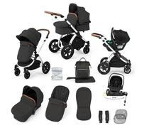 Ickle Bubba Stomp Luxe 12pc Travel System with i-Size Nimbus Car Seat & 180° Spin ISOFIX Base (Charcoal Grey/Tan, Silver Chassis) - Convertible Configurations, Birth to 22kg (Approx. 4 Years)