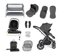 Ickle Bubba Stomp Luxe 14 Piece Bundle - All-in-One Travel System with Nimbus i-Size Car Seat, 180° Spin Rotating ISOFIX Base & Bubba&Me Bedside Crib (Charcoal Grey/Black, Black Chassis)