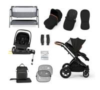 Ickle Bubba Stomp Luxe 14 Piece Bundle - All-in-One Travel System with Nimbus i-Size Car Seat, 180° Spin Rotating ISOFIX Base & Bubba&Me Bedside Crib (Midnight/Tan, Black Chassis)
