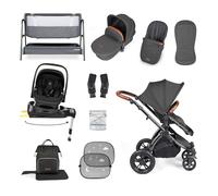 Ickle Bubba Stomp Luxe 14 Piece Bundle - All-in-One Travel System with Nimbus i-Size Car Seat, 180° Spin Rotating ISOFIX Base & Bubba&Me Bedside Crib (Charcoal Grey/Tan, Black Chassis)