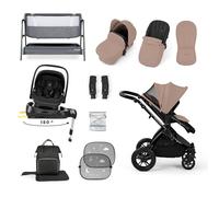 Ickle Bubba Stomp Luxe 14 Piece Bundle - All-in-One Travel System with Nimbus i-Size Car Seat, 180° Spin Rotating ISOFIX Base & Bubba&Me Bedside Crib (Desert/Black, Black Chassis)