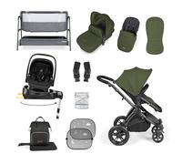 Ickle Bubba Stomp Luxe 14 Piece Bundle - All-in-One Travel System with Nimbus i-Size Car Seat, 180° Spin Rotating ISOFIX Base & Bubba&Me Bedside Crib (Woodland/Black, Black Chassis)