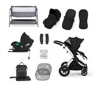 Ickle Bubba Stomp Luxe i-Size Cirrus Travel & Home 14-Piece Bundle with ISOFIX Base & Bubba&Me Bedside Crib - All-Terrain Pushchair with Accessories, Birth to 4 Years* (Silver/Midnight/Black)