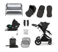 Ickle Bubba Stomp Luxe i-Size Cirrus Travel & Home 14-Piece Bundle with ISOFIX Base & Bubba&Me Bedside Crib - All-Terrain Pushchair with Accessories, Birth to 4 Years* (Silver/Charcoal Grey/Black)