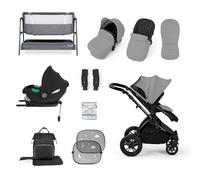 Ickle Bubba Stomp Luxe i-Size Cirrus Travel & Home 14-Piece Bundle with ISOFIX Base & Bubba&Me Bedside Crib - All-Terrain Pushchair with Accessories, Birth to 4 Years* (Black/Pearl Grey/Black)