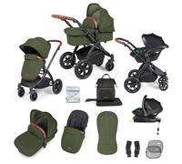 Ickle Bubba Stomp Luxe Travel System with i-Size Stratus Car Seat & ISOFIX Base 12 pcs - Black & Woodland & Tan