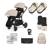 Ickle Bubba Virgo Twin 12-Piece Pram (Stone) - Convertible Double Pushchair from Birth, 2 Newborn Seat Units & Toddler Seats, Footmuffs, Rain Covers, Cupholder, Buggy Organiser & Changing Rucksack