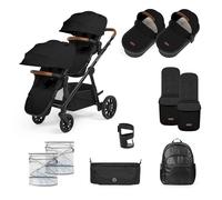 Ickle Bubba Virgo Twin 12 Piece Pram - Twin Tandem Pushchair with Carrycots, Footmuffs, Rain Covers & Accessories, Suitable from Birth - Growing Family Pram (Black)
